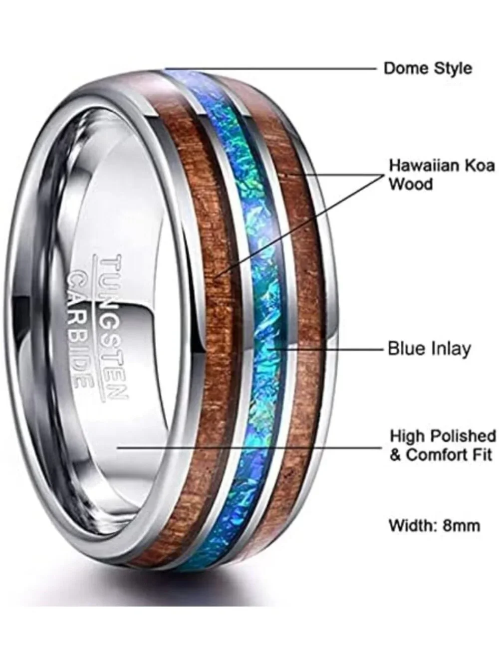 Men's Tungsten Wedding Band with Wood & Abalone Shell, Blue Inlay - Stylish